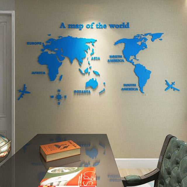 World Map Wall Sticker - Creative Acrylic Decor for Office, Study & Living Room