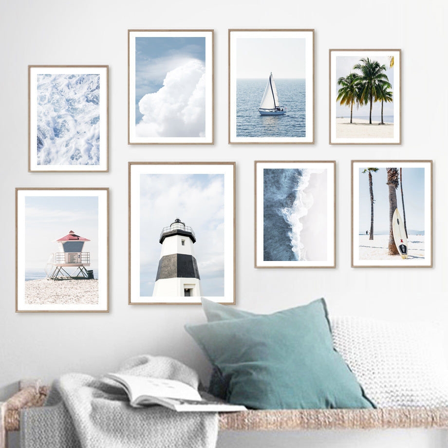 Coastal Oasis Wall Art - Palm Tree Surfboard Beach Landscape Canvas Painting