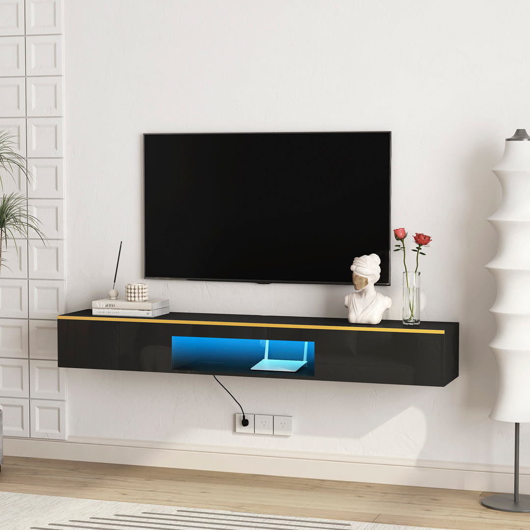 Sleek Floating TV Stand with 16 Color LEDs & Wall Mounted Design - Fits 55-65" TVs (Black)
