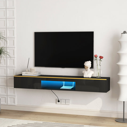 Sleek Floating TV Stand with 16 Color LEDs & Wall Mounted Design - Fits 55-65" TVs (Black)
