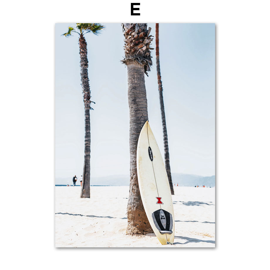 Coastal Oasis Wall Art - Palm Tree Surfboard Beach Landscape Canvas Painting