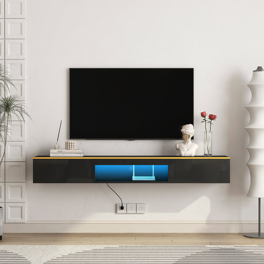 Sleek Floating TV Stand with 16 Color LEDs & Wall Mounted Design - Fits 55-65" TVs (Black)