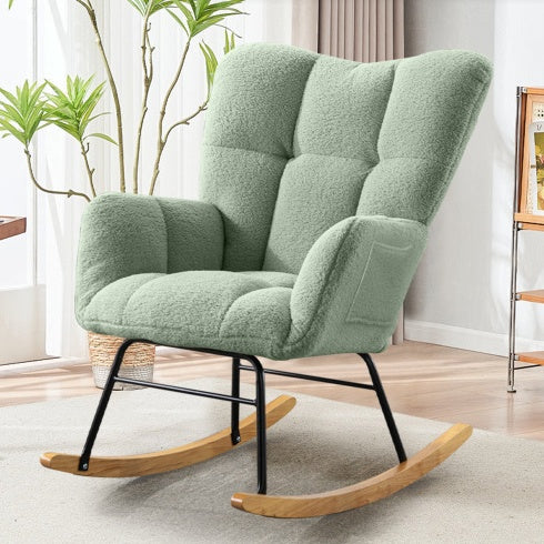 Adorable Light Green Teddy Fabric Rocking Chair for Nursery, Living Room, or Bedroom
