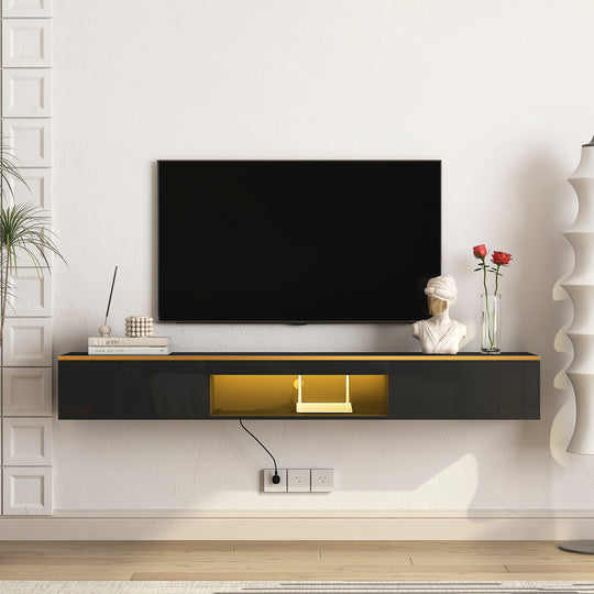 Sleek Floating TV Stand with 16 Color LEDs & Wall Mounted Design - Fits 55-65" TVs (Black)