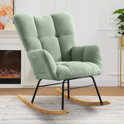 Adorable Light Green Teddy Fabric Rocking Chair for Nursery, Living Room, or Bedroom