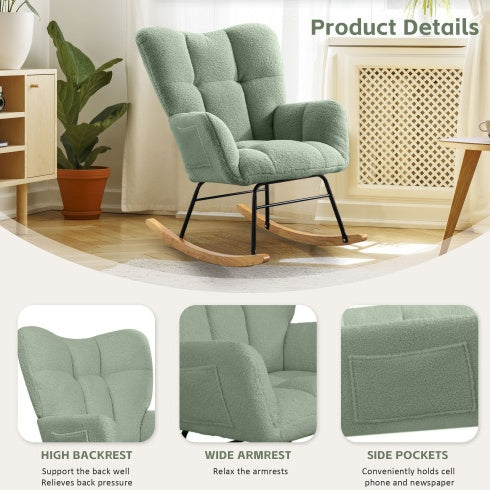 Adorable Light Green Teddy Fabric Rocking Chair for Nursery, Living Room, or Bedroom