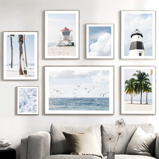 Coastal Oasis Wall Art - Palm Tree Surfboard Beach Landscape Canvas Painting