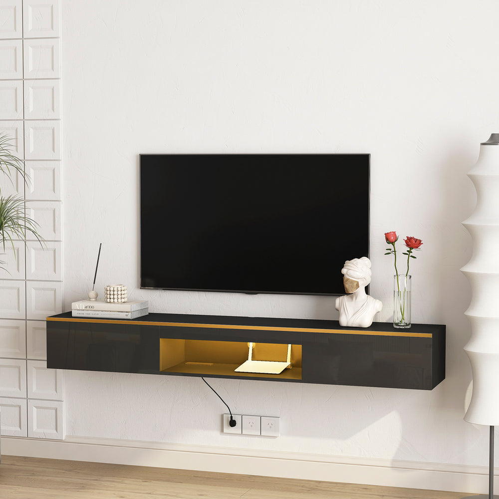 Sleek Floating TV Stand with 16 Color LEDs & Wall Mounted Design - Fits 55-65" TVs (Black)